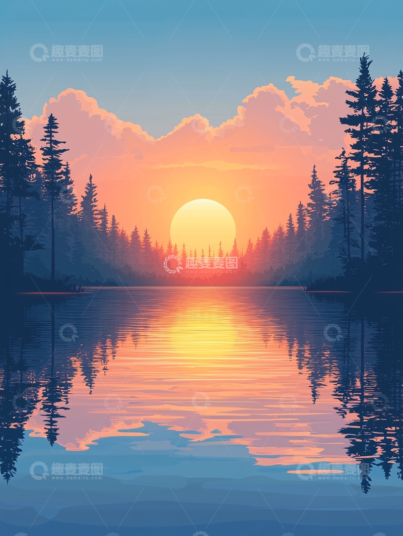 高清大图下载【趣麦麦图】宁静湖面日落松林倒影