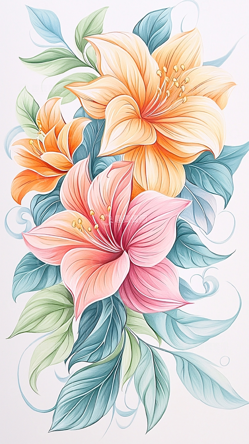 高清大图下载【趣麦麦图】橙粉百合花与绿叶插画