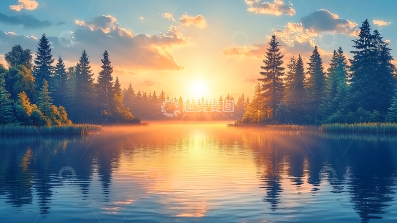 高清大图下载【趣麦麦图】湖面日出森林倒影
