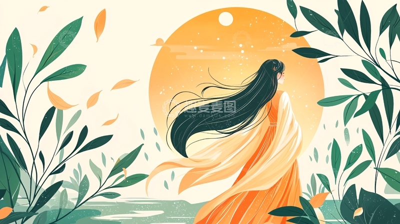 高清大图下载【趣麦麦图】长发女子背影在月光下