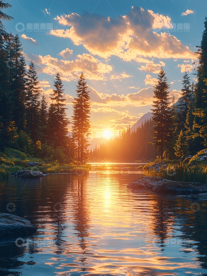 高清大图下载【趣麦麦图】湖面夕阳映射