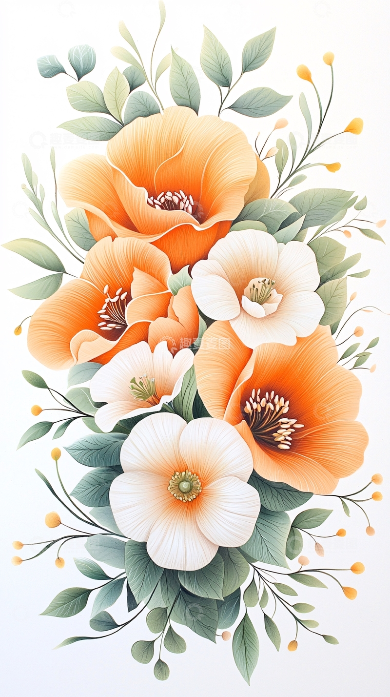 高清大图下载【趣麦麦图】橙白花朵手绘插画素材