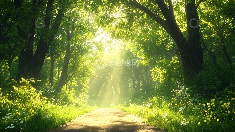 高清大图下载【趣麦麦图】林中阳光穿透树叶的小路