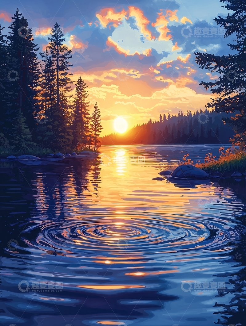 高清大图下载【趣麦麦图】湖面日落倒影