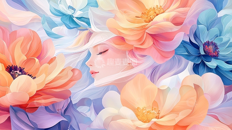 高清大图下载【趣麦麦图】唯美花簇拥着的女性侧脸