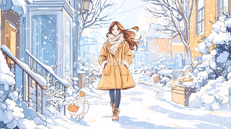 高清大图下载【趣麦麦图】雪天少女穿着黄色外套