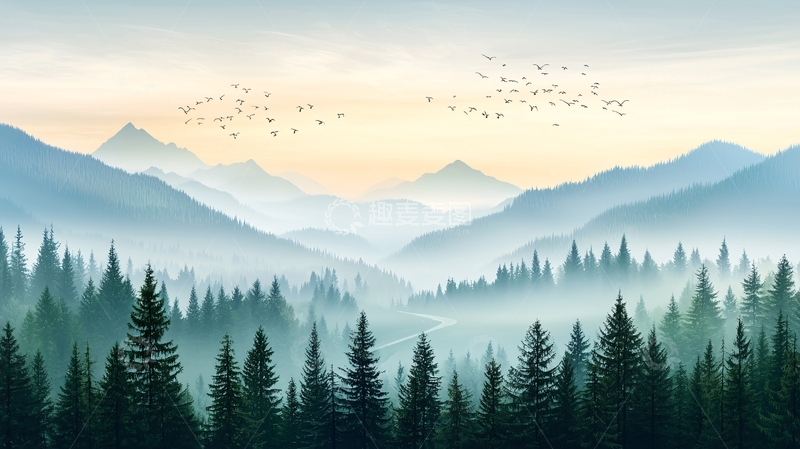 高清大图下载【趣麦麦图】山峦叠嶂森林鸟群的清新风景