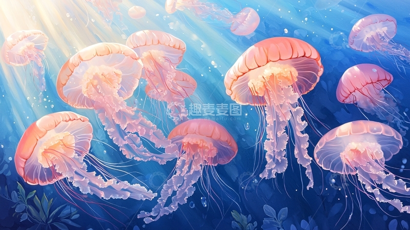 高清大图下载【趣麦麦图】梦幻海底水母群游