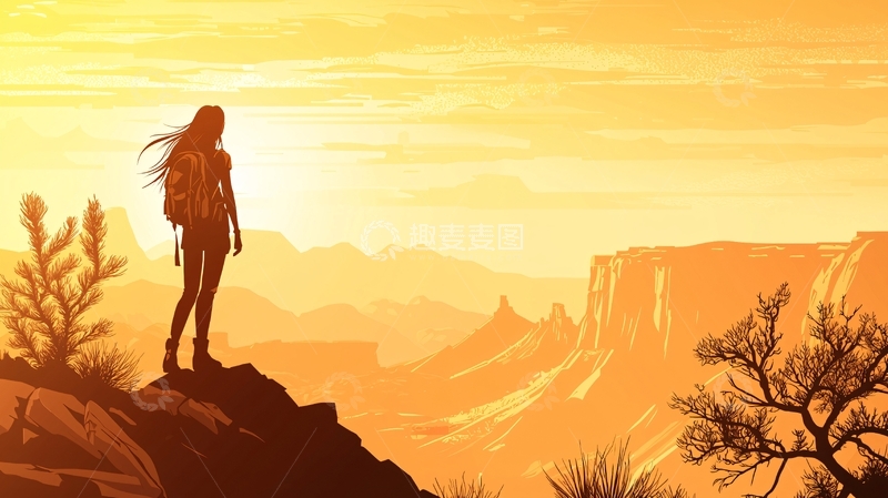 高清大图下载【趣麦麦图】落日余晖下的徒步者