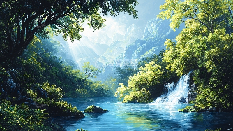 高清大图下载【趣麦麦图】翠绿森林中的宁静瀑布
