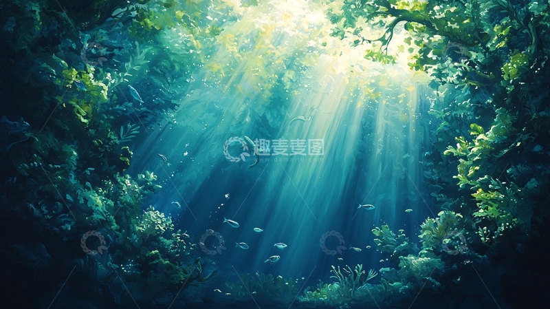 高清大图下载【趣麦麦图】深海森林光影下的鱼群