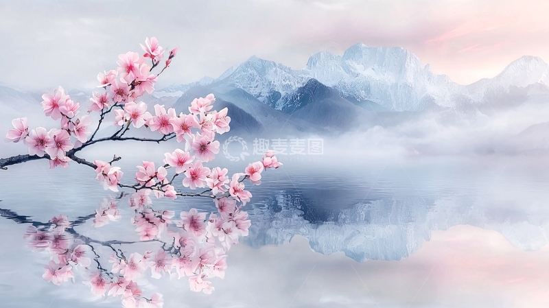 高清大图下载【趣麦麦图】粉色花朵下的山水意境