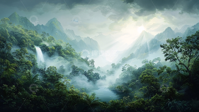 高清大图下载【趣麦麦图】雾气缭绕的山间瀑布