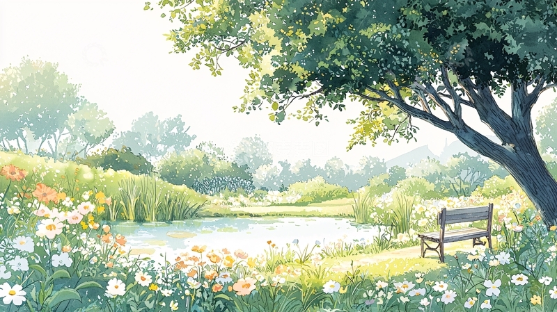 高清大图下载【趣麦麦图】宁静的夏日花园水池