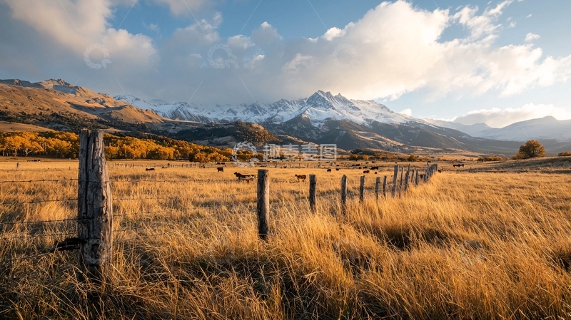 高清大图下载【趣麦麦图】秋季田野远山雪峰