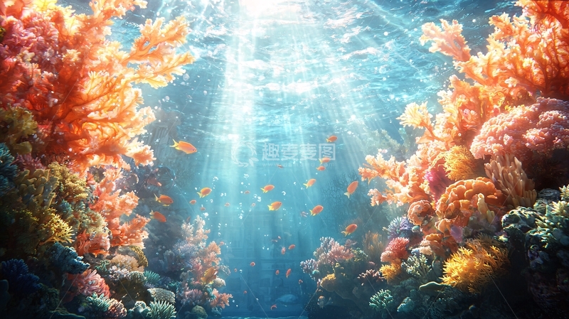 高清大图下载【趣麦麦图】海底珊瑚鱼群光影效果