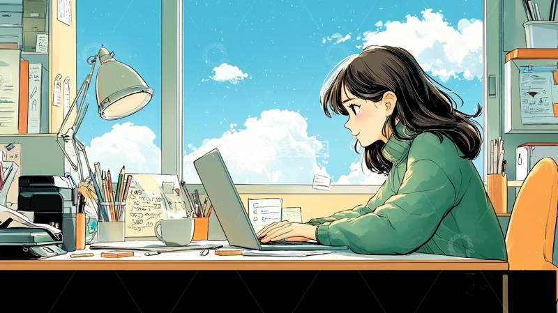 高清大图下载【趣麦麦图】窗边女孩使用电脑