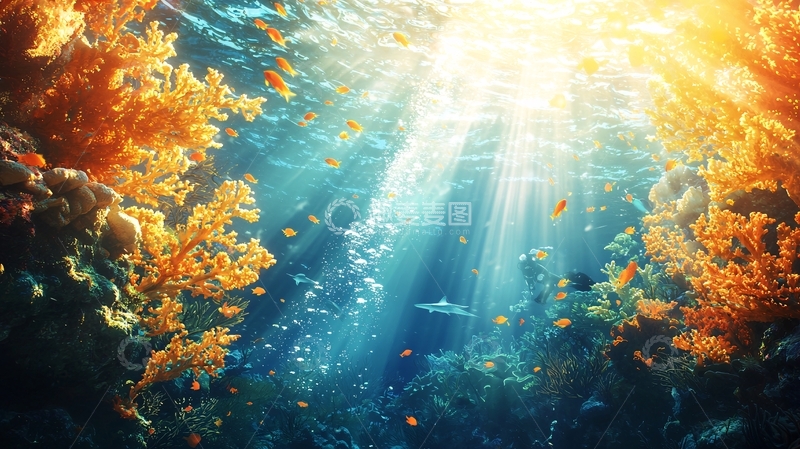 高清大图下载【趣麦麦图】海底珊瑚礁与阳光下的潜水员