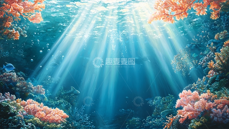 高清大图下载【趣麦麦图】海底世界光影下的珊瑚礁