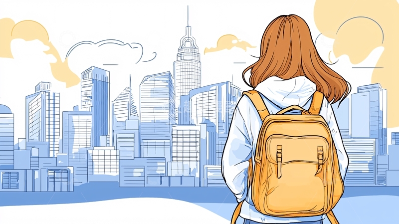 高清大图下载【趣麦麦图】城市背景下的背包少女背影