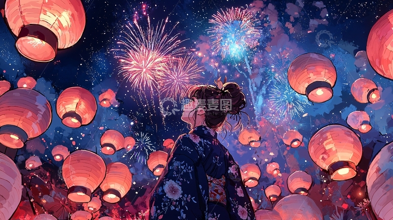 高清大图下载【趣麦麦图】和服少女仰望烟花灯笼