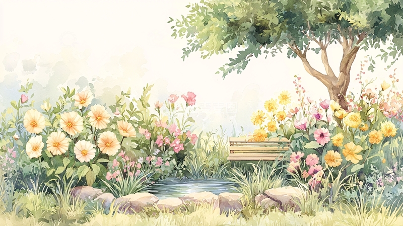 高清大图下载【趣麦麦图】花园长椅鲜花树木的画