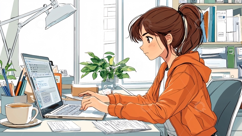 高清大图下载【趣麦麦图】专注女孩电脑前工作