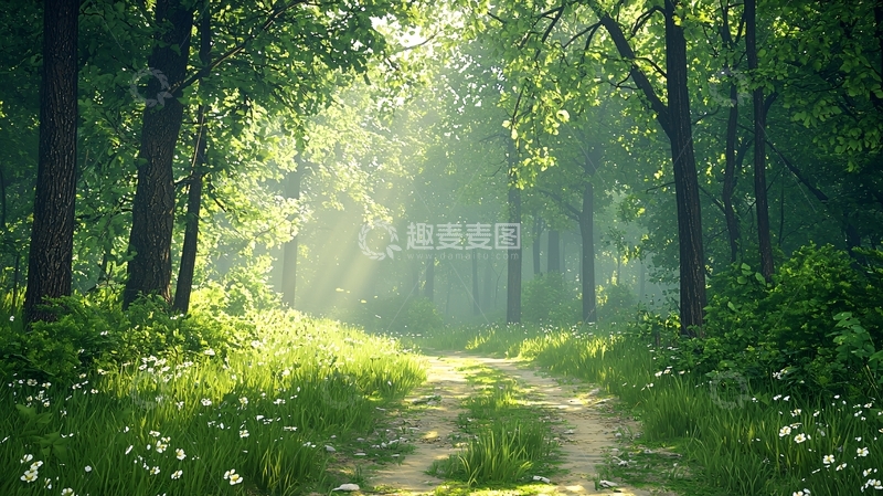 高清大图下载【趣麦麦图】阳光穿透树林的静谧小路