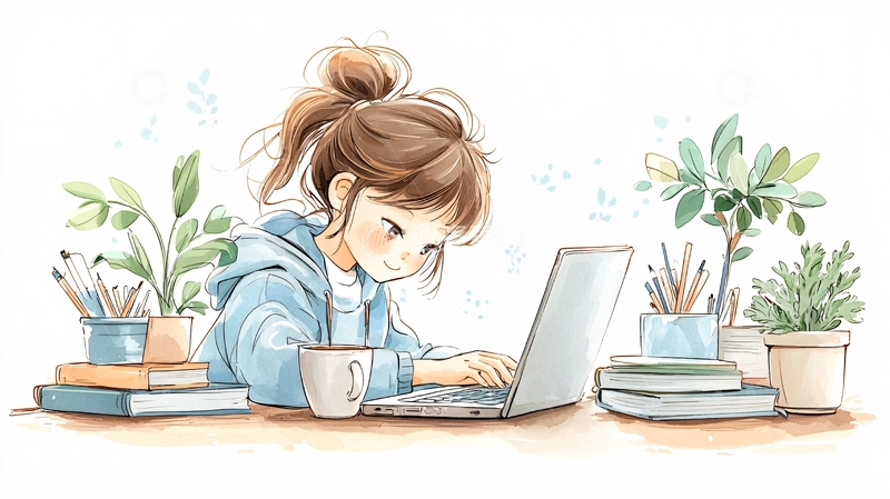 高清大图下载【趣麦麦图】专注女孩使用电脑工作学习