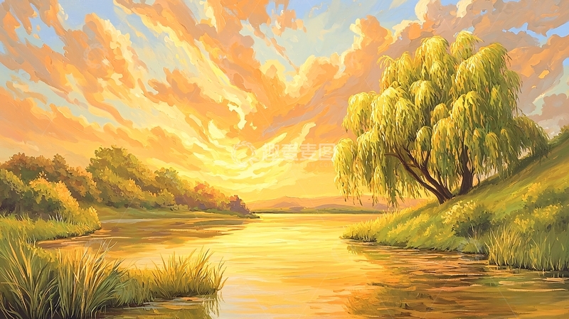 高清大图下载【趣麦麦图】金色夕阳下的河流美景