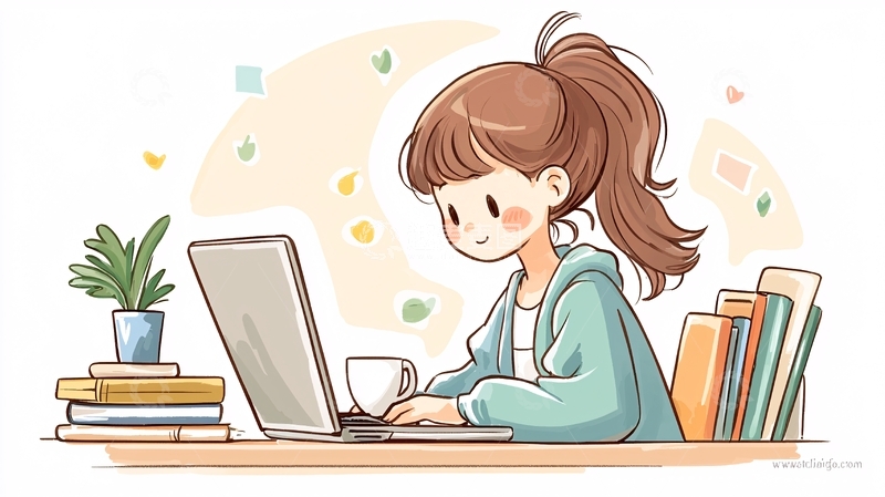 高清大图下载【趣麦麦图】卡通女孩在电脑前工作