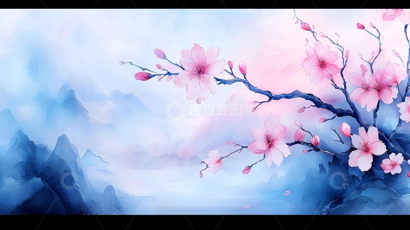 高清大图下载【趣麦麦图】淡彩山水桃花意境