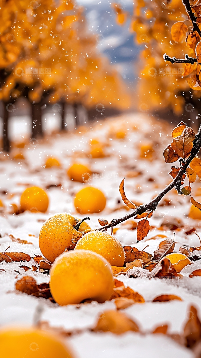 高清大图下载【趣麦麦图】雪中苹果树落叶风景