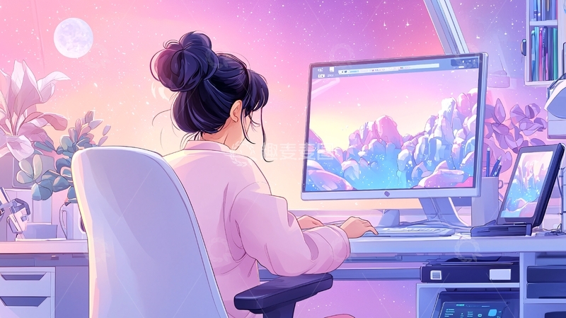 高清大图下载【趣麦麦图】动漫女孩在电脑前工作