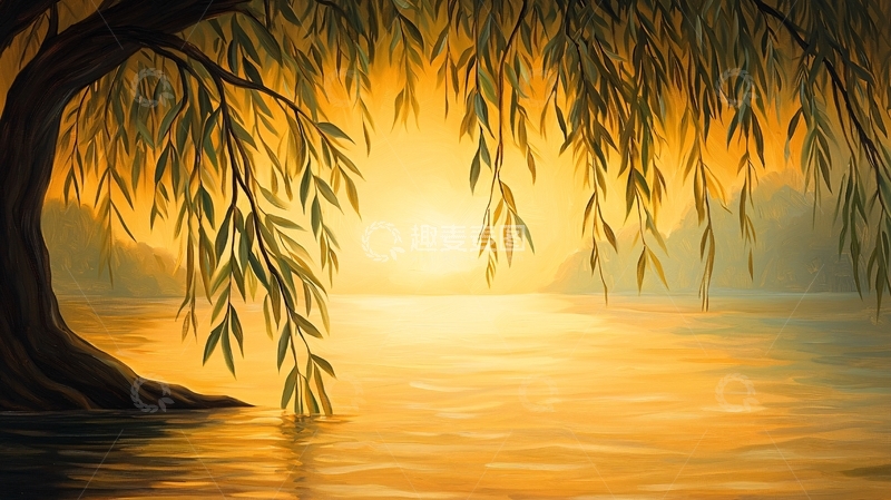 高清大图下载【趣麦麦图】金色湖畔柳树剪影