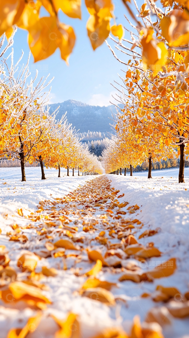 高清大图下载【趣麦麦图】雪地金叶林道