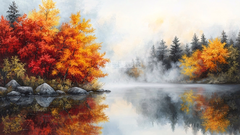 高清大图下载【趣麦麦图】秋日湖畔的森林倒影