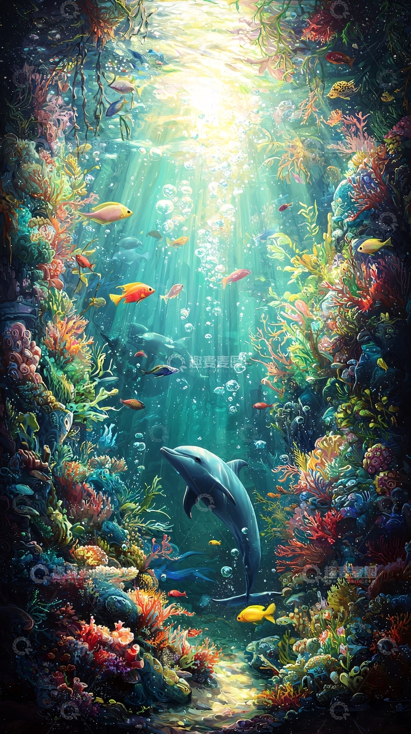 高清大图下载【趣麦麦图】海底世界：海豚与珊瑚礁