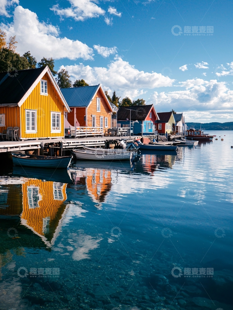 高清大图下载【趣麦麦图】湖畔色彩斑斓的小屋与船只