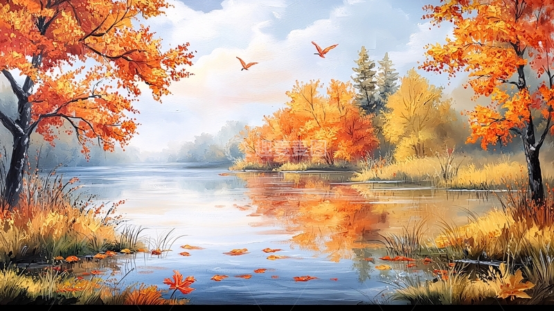 高清大图下载【趣麦麦图】秋日湖畔风景画