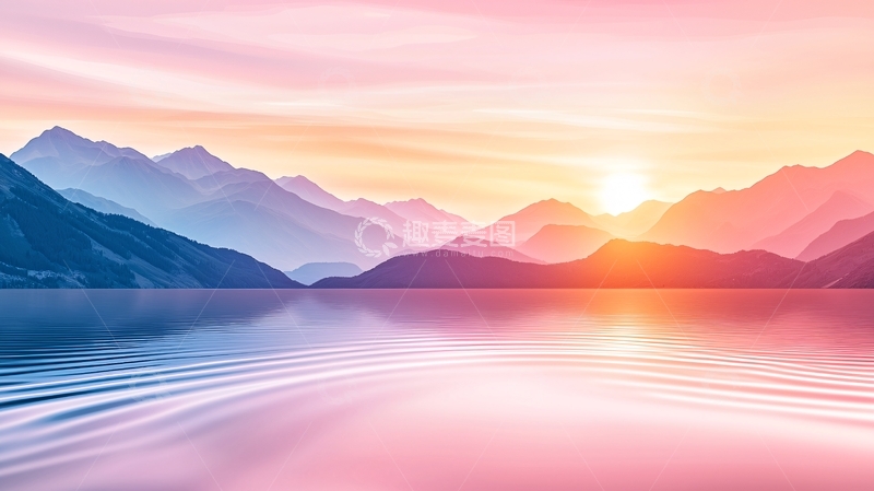 高清大图下载【趣麦麦图】日落湖畔山峦静谧