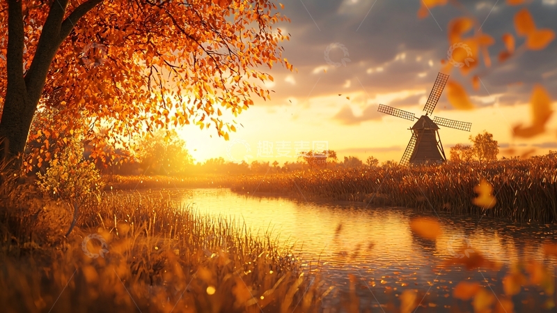 高清大图下载【趣麦麦图】秋日黄昏风车与湖畔