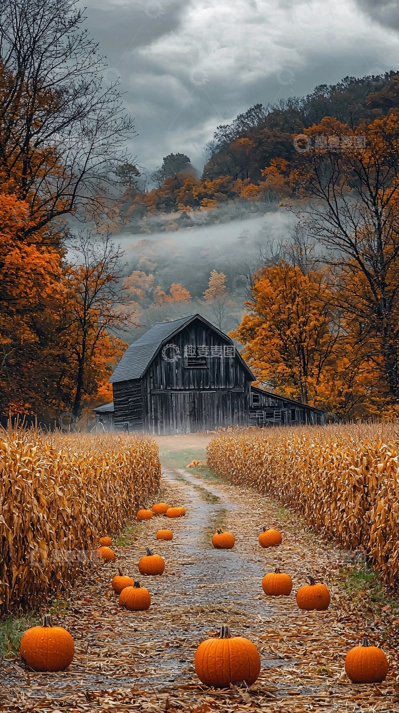 高清大图下载【趣麦麦图】秋日田野中的南瓜与老谷仓