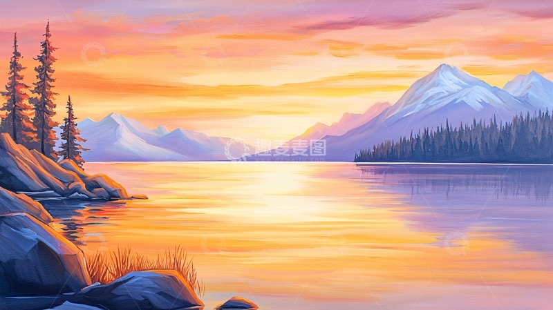 高清大图下载【趣麦麦图】宁静湖面上的壮丽日落
