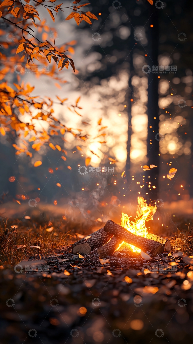 高清大图下载【趣麦麦图】秋日森林中的篝火