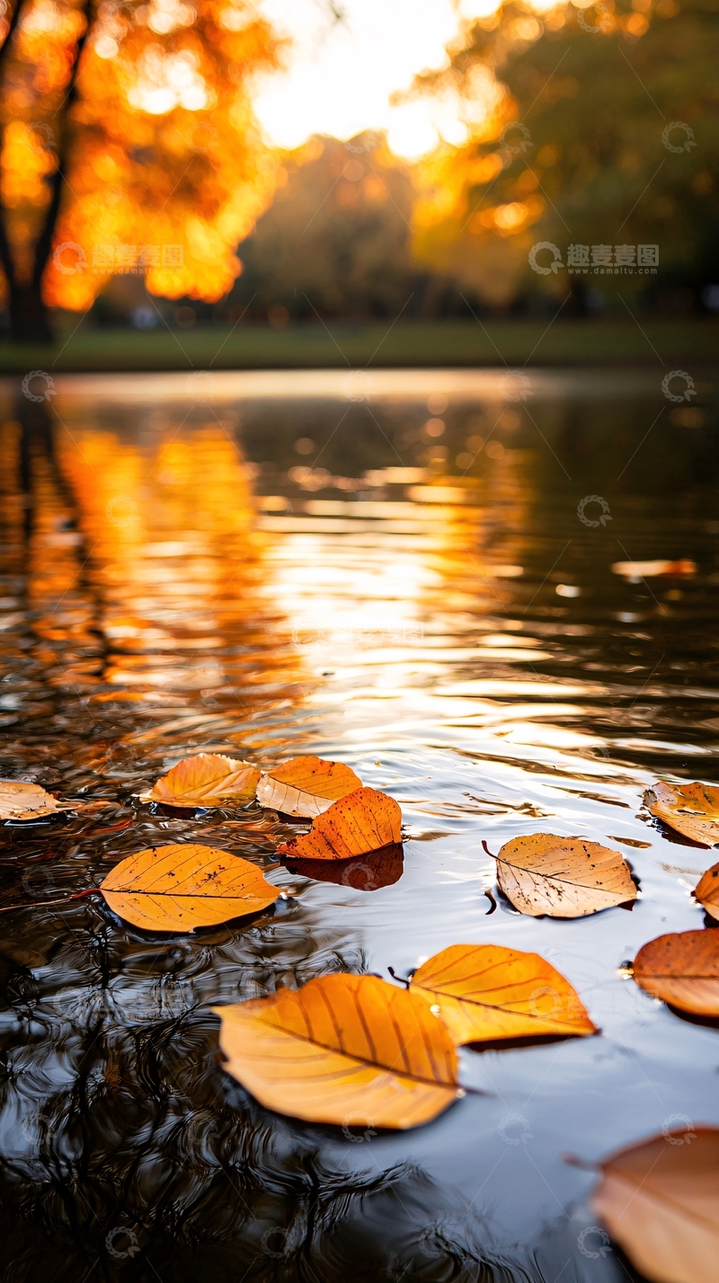 高清大图下载【趣麦麦图】秋日落叶湖面风景