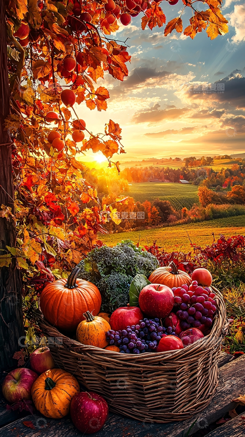 高清大图下载【趣麦麦图】秋日丰收篮子与田园风光