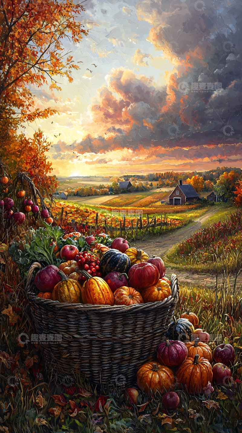 高清大图下载【趣麦麦图】秋日丰收篮子与田园风光