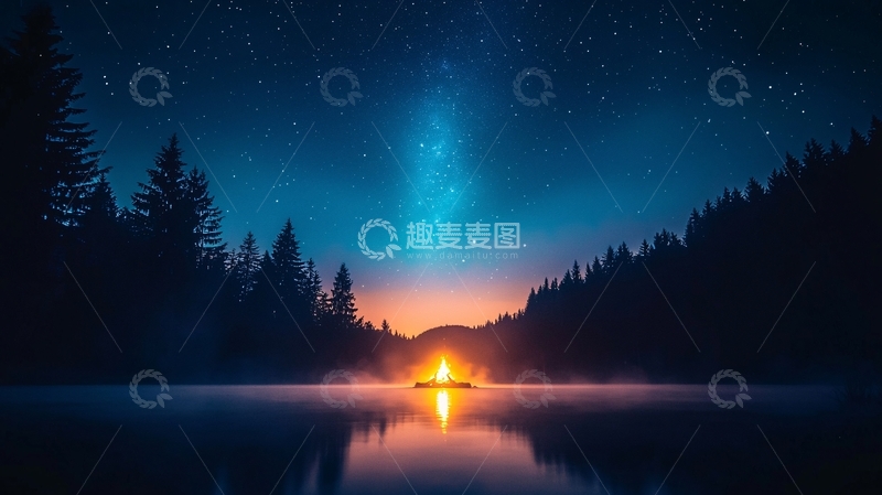 高清大图下载【趣麦麦图】星空下的湖面篝火