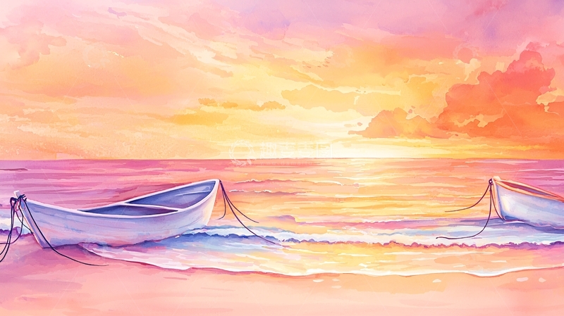 高清大图下载【趣麦麦图】夕阳下的海滩船只